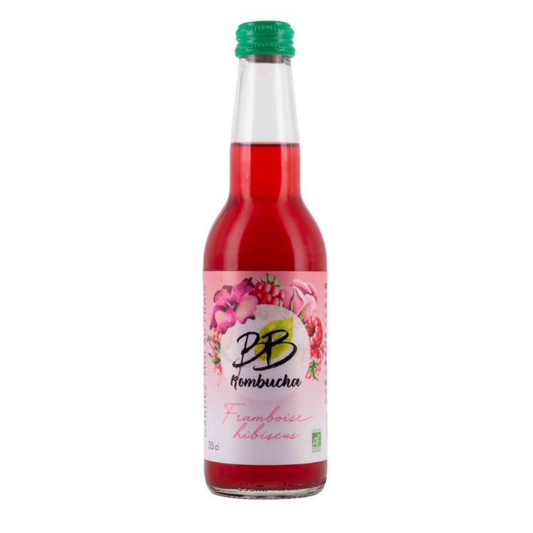 La kombucha est une boisson pétillante à base de thé fermenté, aromatisée framboise hibiscus. 